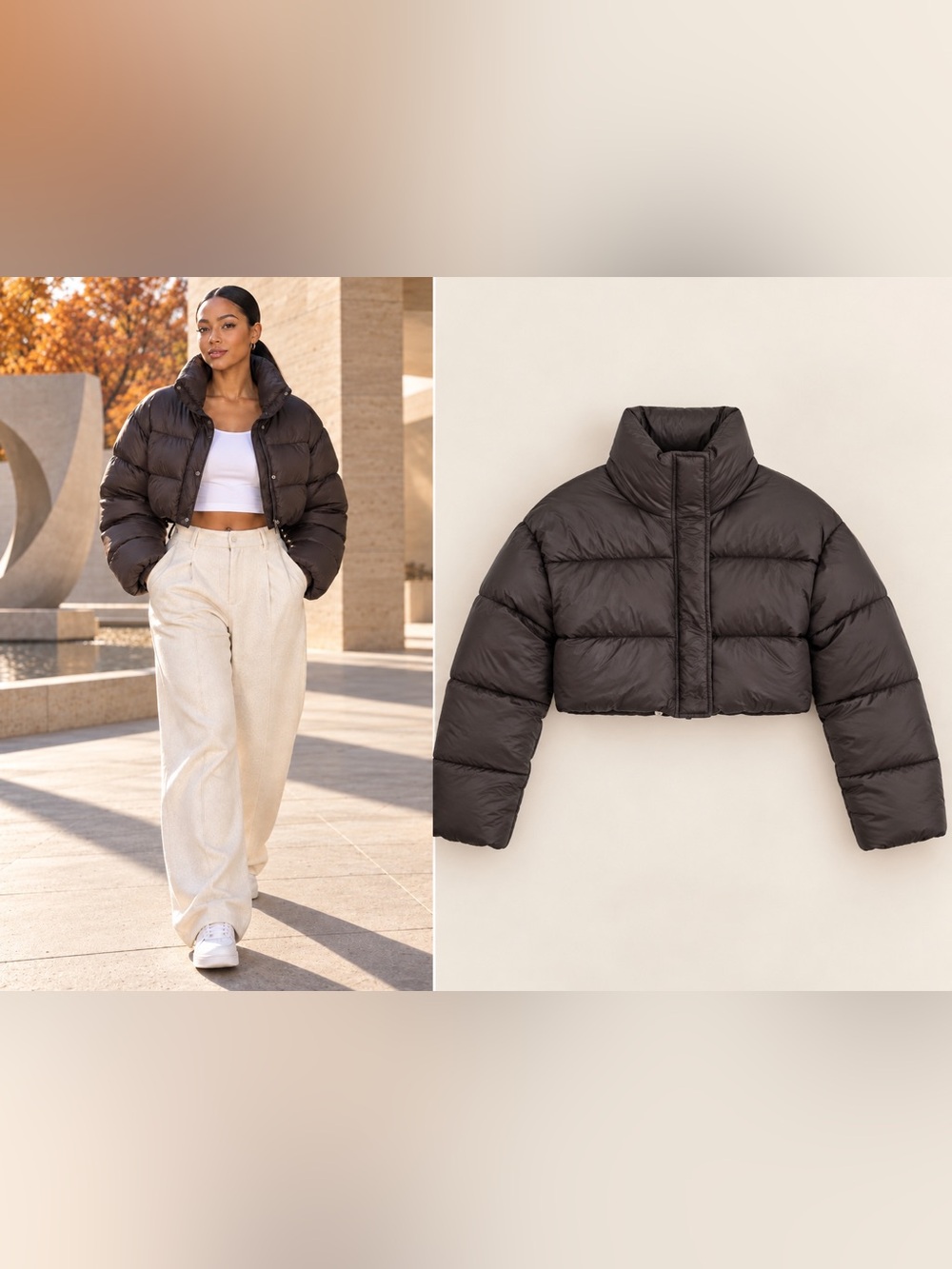 American Vintage Cropped Puffer Jacket in Dark Brown